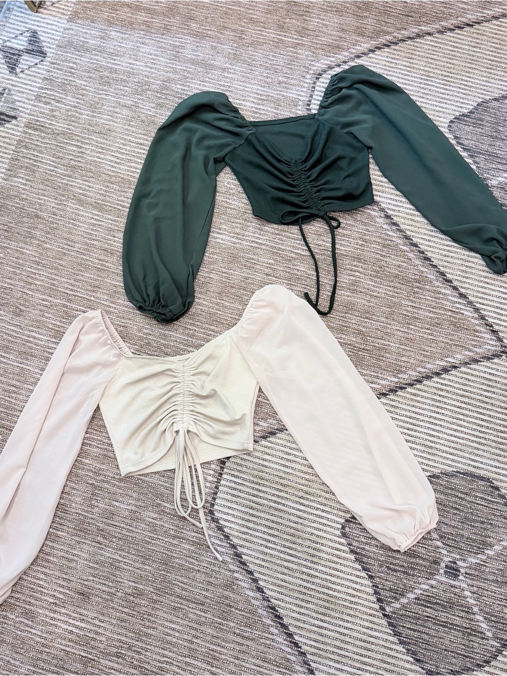 Long Sleeve Ruched Crop Top bundle- Dark Green & Cream